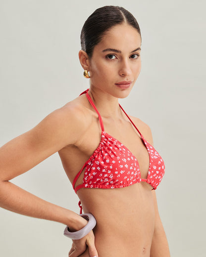 Red Floral Tie Side Triangle Bikini Set