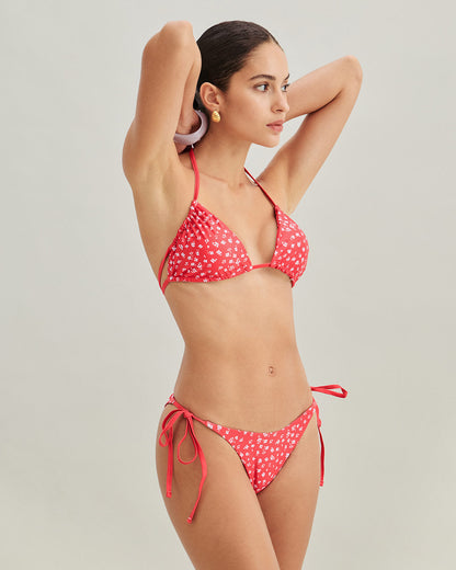 Red Floral Tie Side Triangle Bikini Set