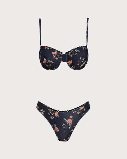 Navy Floral Bikini Set with Underwire