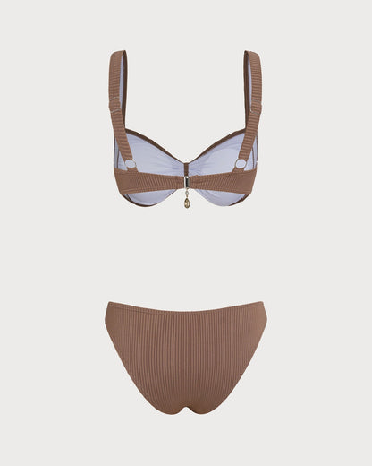 Brown Striped Triangle Bikini Set