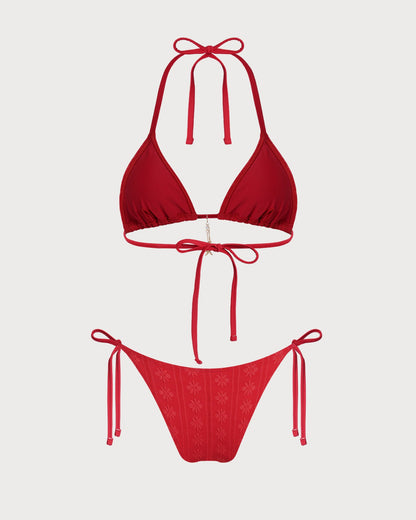 Red Jacquard Bikini Set with Adjustable Straps