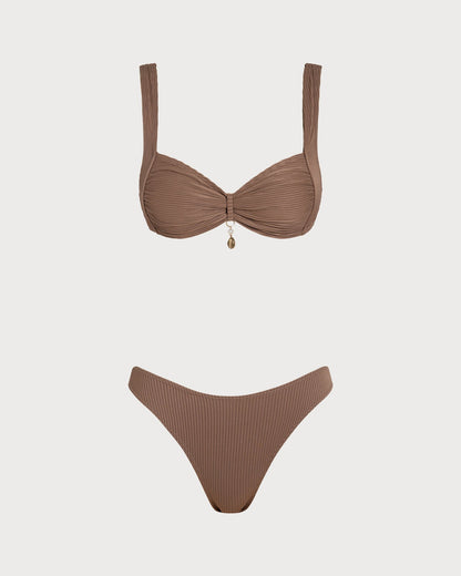 Brown Striped Triangle Bikini Set
