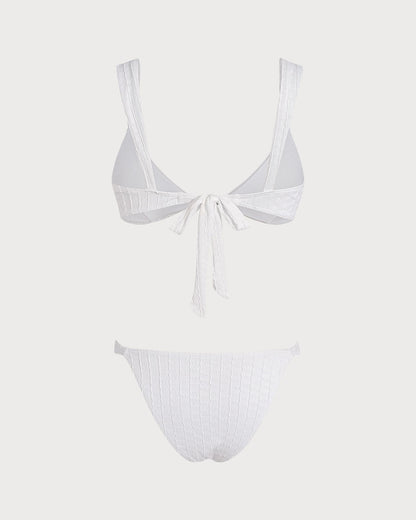 Textured Bikini Set with White V-Neck Bralette