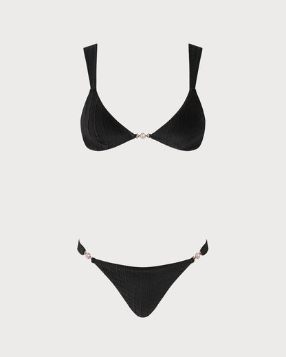 Black Bralette Bikini Set with V-Neck