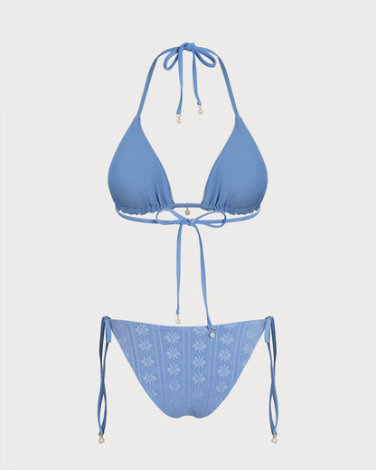 Reversible Triangle Bikini Set with Halter Blue