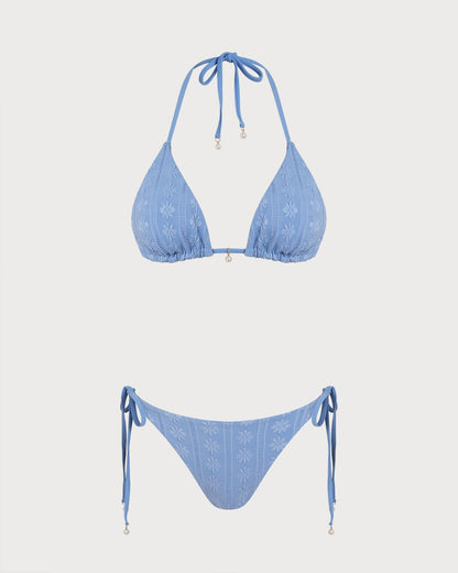 Reversible Triangle Bikini Set with Halter Blue