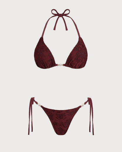 Textured Bikini with Halter in Brick Red