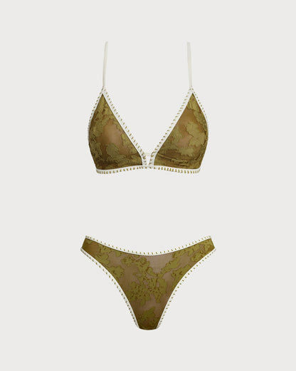 Triangle Bikini Set with Padding and Green Flowers