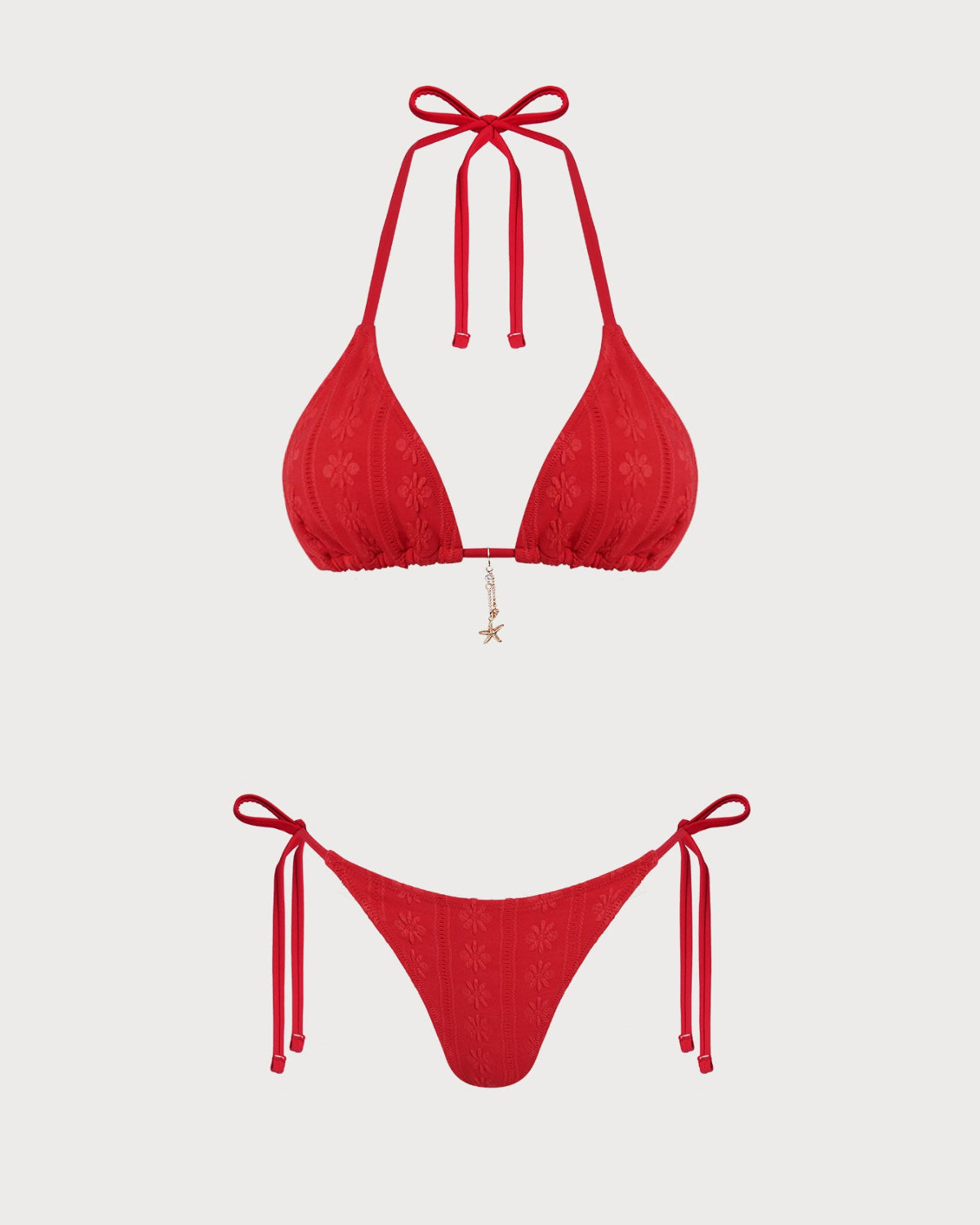 Red Jacquard Bikini Set with Adjustable Straps