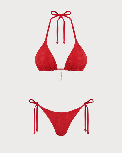 Red Jacquard Bikini Set with Adjustable Straps