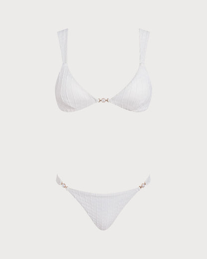 Textured Bikini Set with White V-Neck Bralette