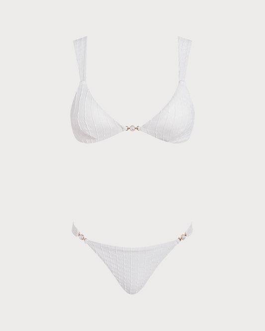 Textured Bikini Set with White V-Neck Bralette