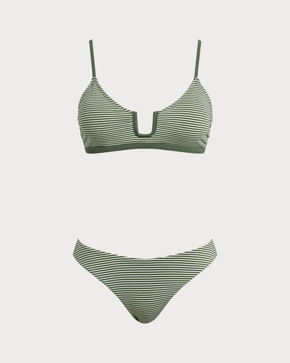 Military Green Striped Bralette Bikini Set
