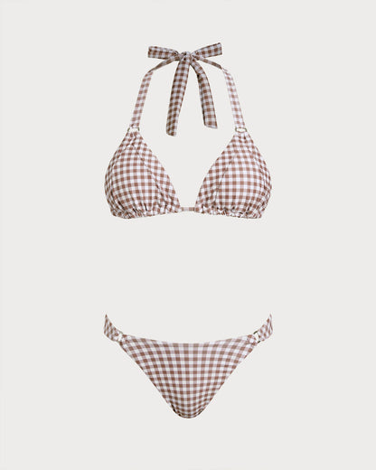 Brown Checkered Halter Bikini Sets