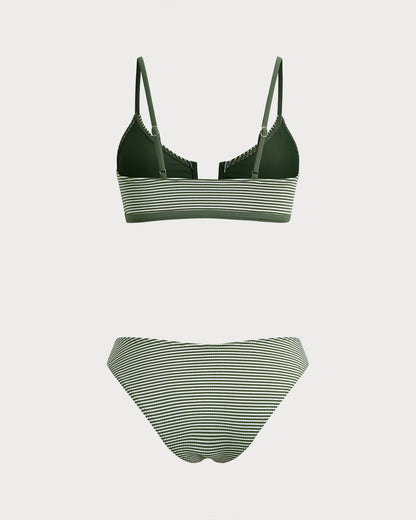Military Green Striped Bralette Bikini Set