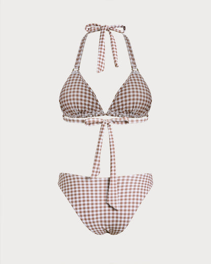 Brown Checkered Halter Bikini Sets