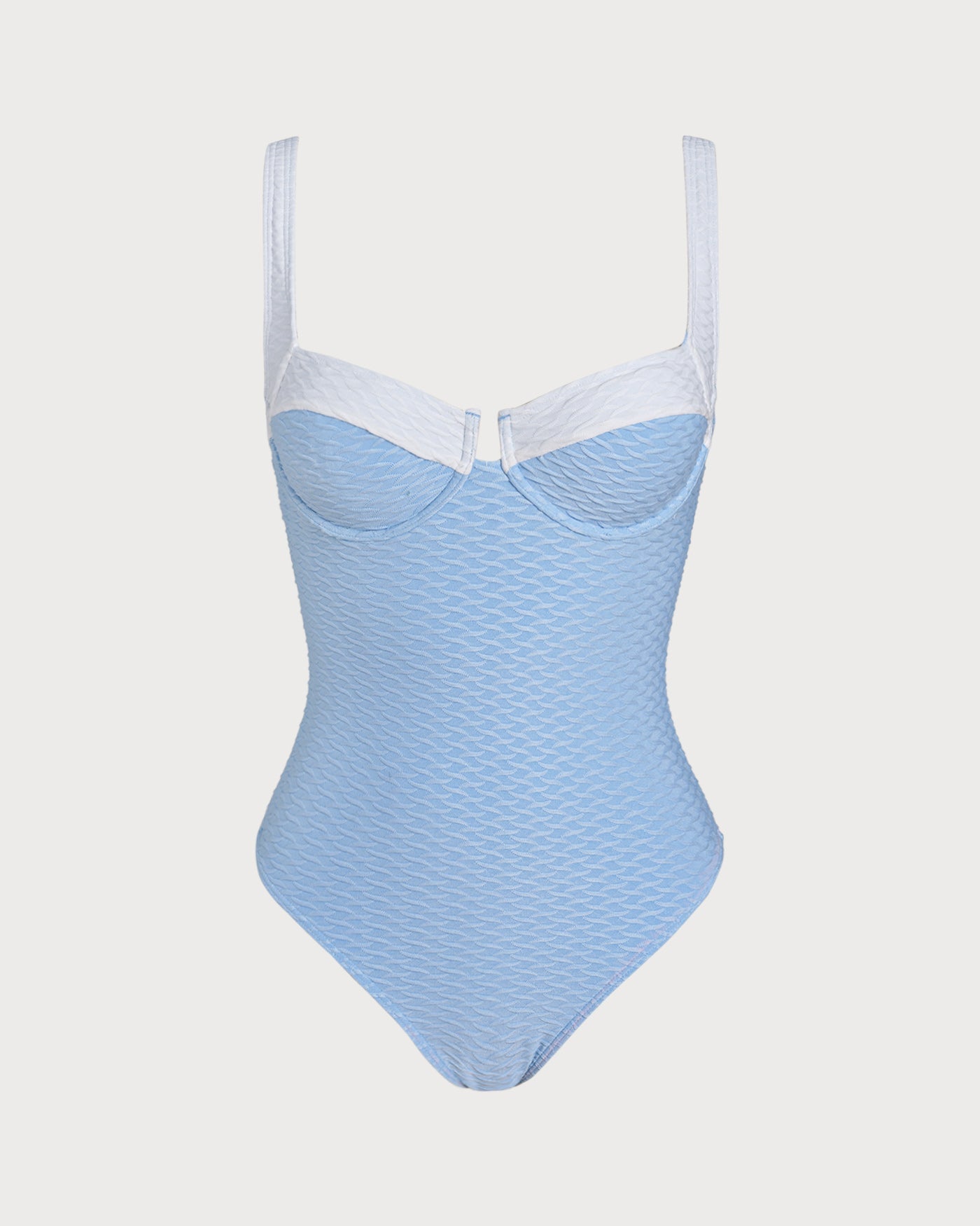 One-Piece Swimsuit with Rings and Blue Texture