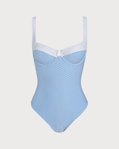 One-Piece Swimsuit with Rings and Blue Texture