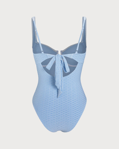 One-Piece Swimsuit with Rings and Blue Texture