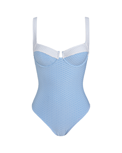 One-Piece Swimsuit with Rings and Blue Texture