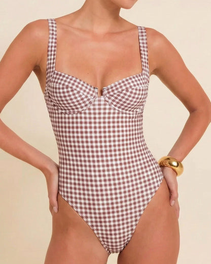 One-Piece Swimsuit with Coffee Checkered Straps