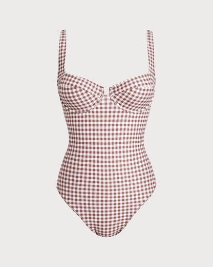 One-Piece Swimsuit with Coffee Checkered Straps