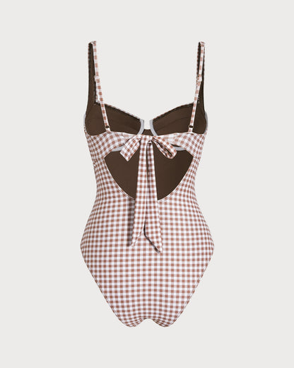 One-Piece Swimsuit with Coffee Checkered Straps