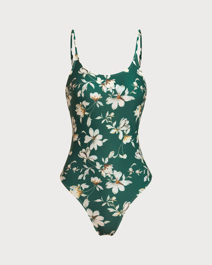 Green Floral Backless Swimsuit