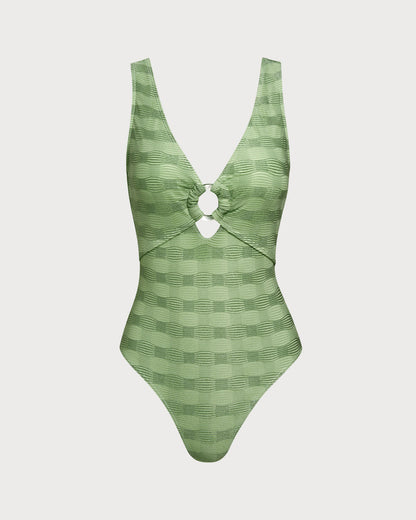 Textured Green One-Piece Swimsuit with O-Ring