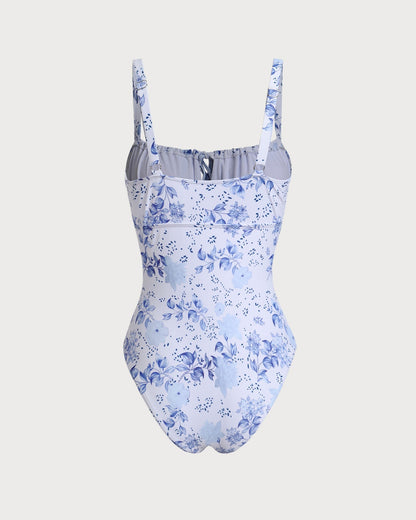 One-Piece Swimsuit with White Floral Ruffles