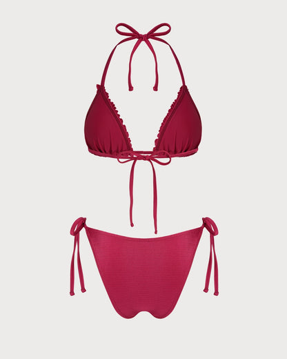 Red Ruffled Triangle Bikini Set with Halter