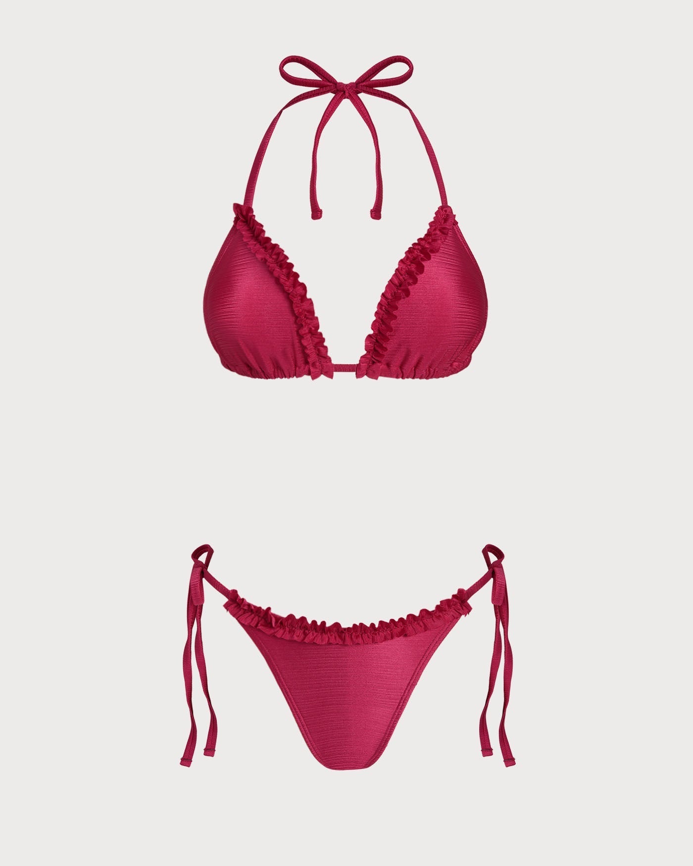 Red Ruffled Triangle Bikini Set with Halter