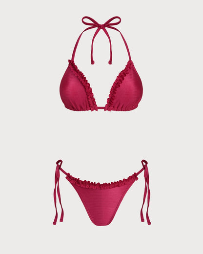 Red Ruffled Triangle Bikini Set with Halter