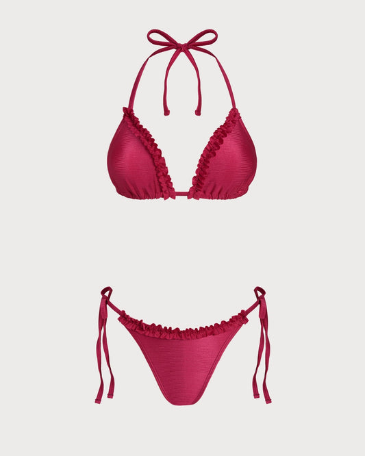 Red Ruffled Triangle Bikini Set with Halter