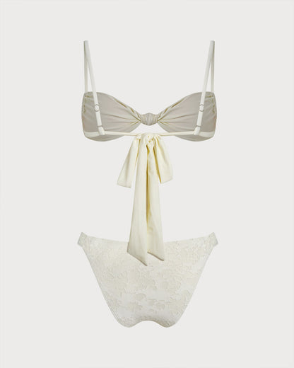 Textured White Triangle Bikini Set with Drawstring