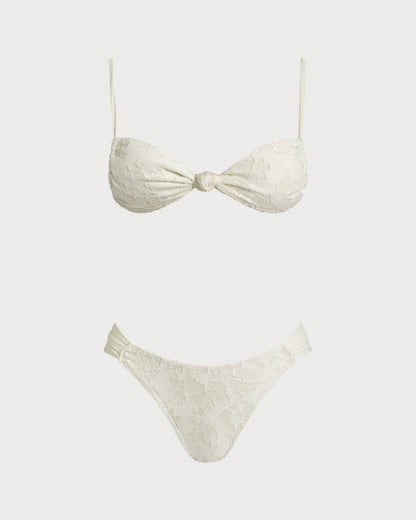Textured White Triangle Bikini Set with Drawstring