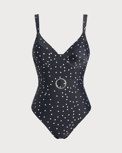 One-Piece Swimsuit with Black Polka Dots