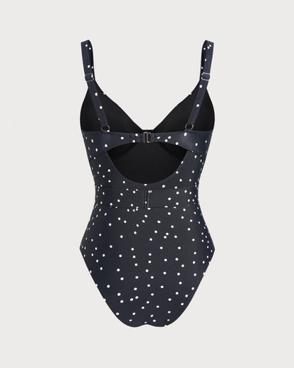 One-Piece Swimsuit with Black Polka Dots