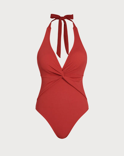 Red Triangle Halter One-Piece Swimsuit