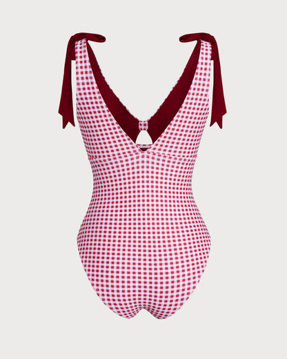 One-Piece Striped Swimsuit in Wine Red