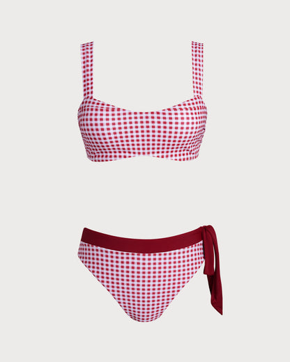 Striped Bandeau Bikini Set in Wine Red