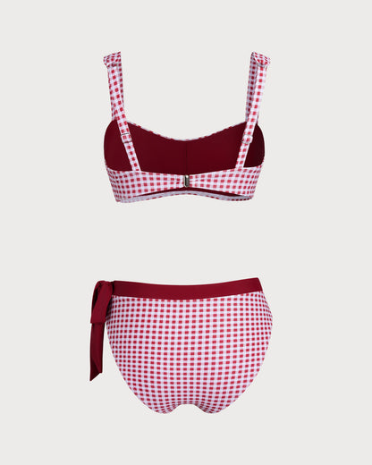 Striped Bandeau Bikini Set in Wine Red