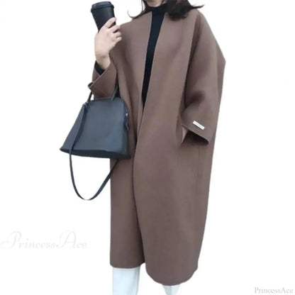 Woolen Cardigan Solid Color Long Overcoat