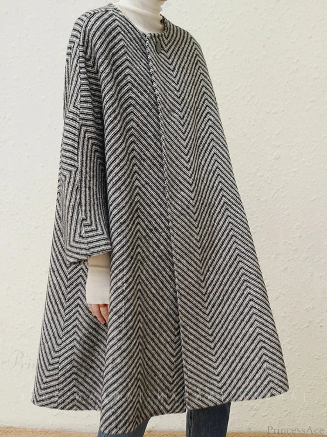 Zigzag Woolen Sashes A-Line Overcoat