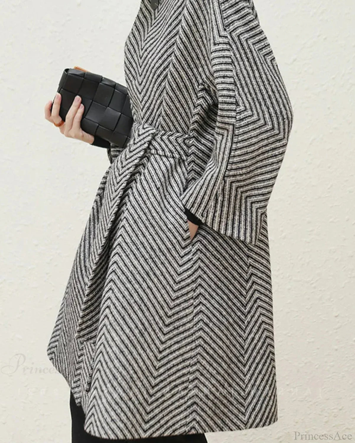 Zigzag Woolen Sashes A-Line Overcoat